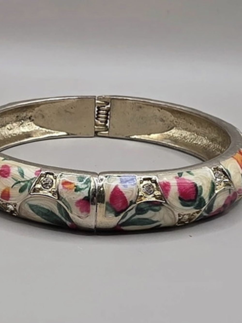 Vintage Floral Enamel Hinged Bracelet in Silver & Pink